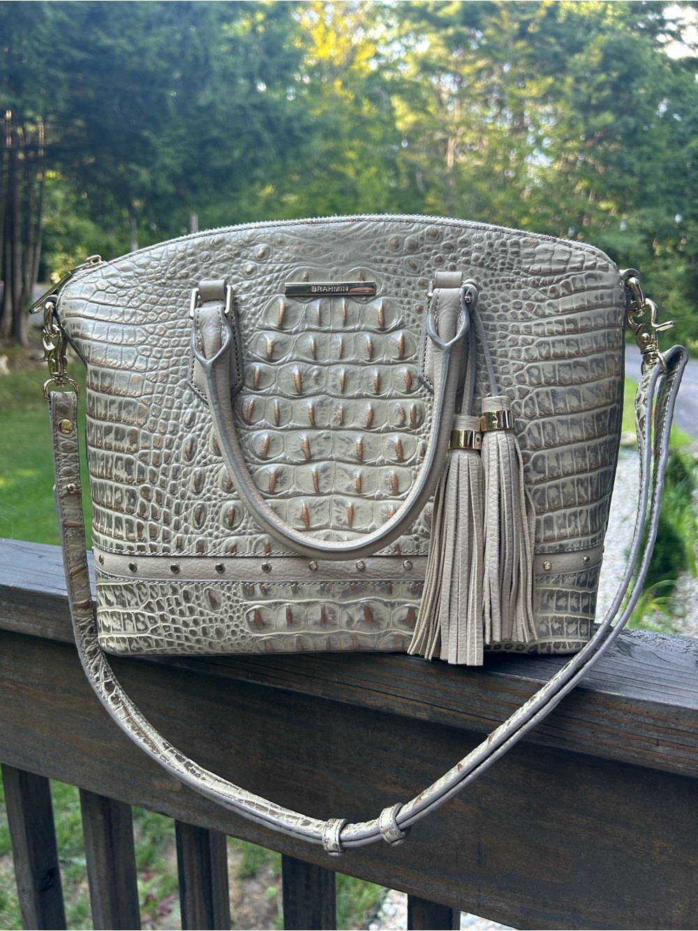 The Brahmin Tote Bag Purse in beige crocodile